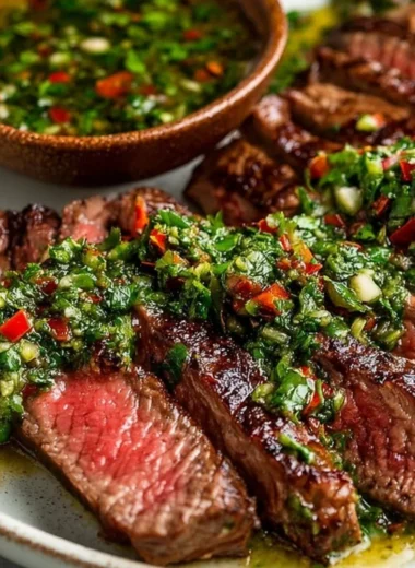 Grilled Chimichurri Steak served with fresh herbs and spices