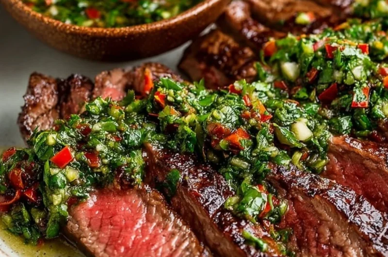 Grilled Chimichurri Steak served with fresh herbs and spices