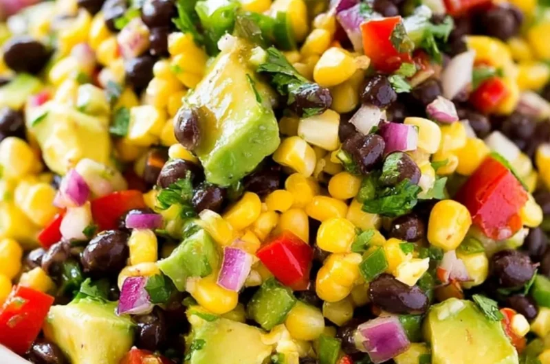 Bowl of homemade Cowboy Caviar dip with colorful vegetables and beans.