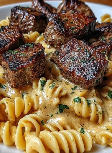 Creamy garlic butter steak bites served with spicy Cajun Alfredo twisted pasta