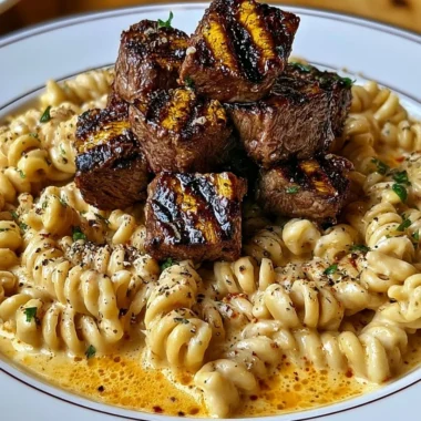 Creamy garlic butter steak bites served with spicy Cajun Alfredo twisted pasta.