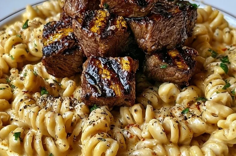 Creamy garlic butter steak bites served with spicy Cajun Alfredo twisted pasta.
