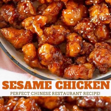 Delicious crispy sesame chicken garnished with sesame seeds and green onions