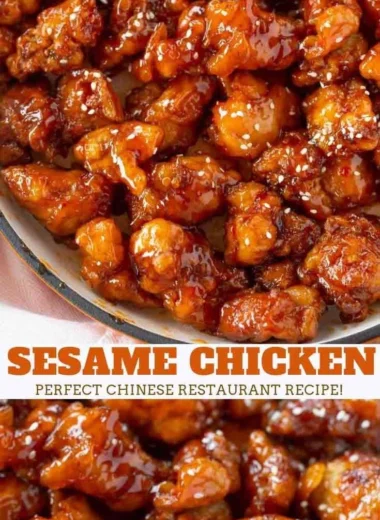 Delicious crispy sesame chicken garnished with sesame seeds and green onions