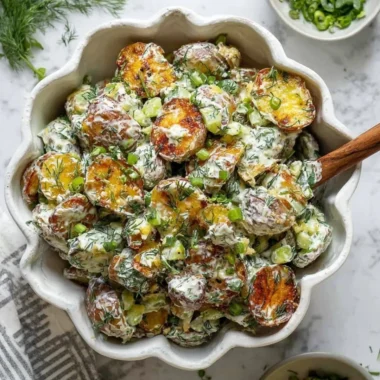 Crispy smashed potato salad served in a bowl with herbs and dressing.