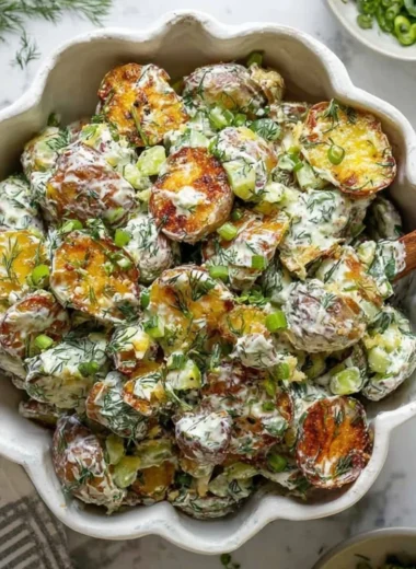 Crispy smashed potato salad served in a bowl with herbs and dressing.