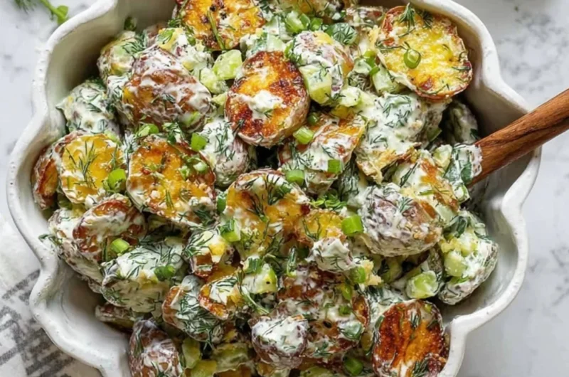 Crispy smashed potato salad served in a bowl with herbs and dressing.