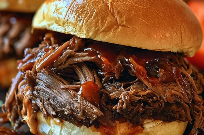 Delicious Crockpot BBQ beef sandwiches served on a platter with coleslaw