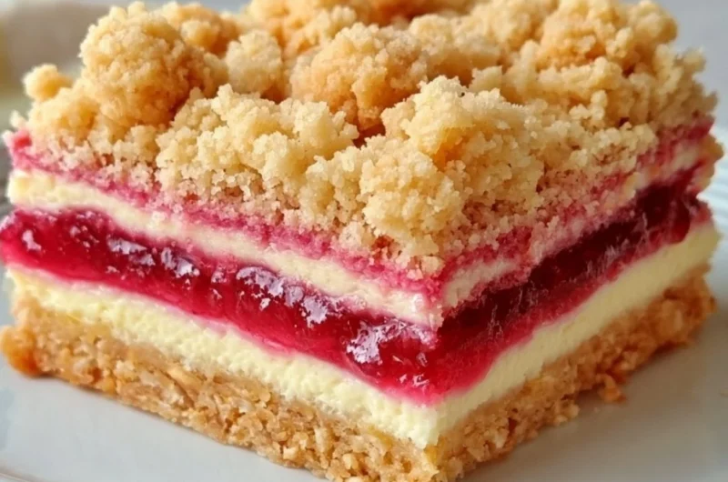 Delicious rhubarb cream cheese bars topped with cream cheese frosting