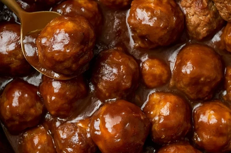 Slow cooker Salisbury steak meatballs served with creamy gravy and herbs