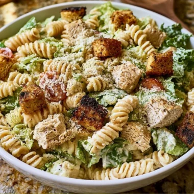 Bowl of Easy Chicken Caesar Pasta Salad with fresh ingredients and dressing