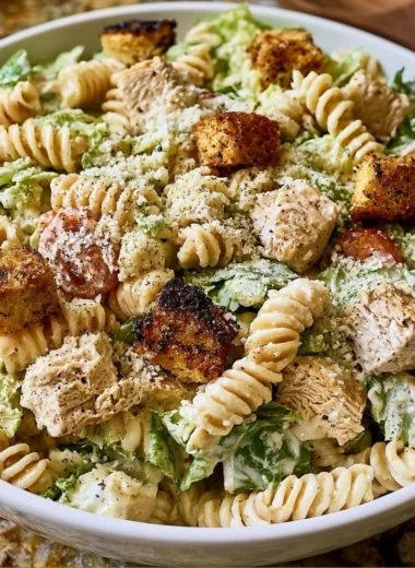 Bowl of Easy Chicken Caesar Pasta Salad with fresh ingredients and dressing