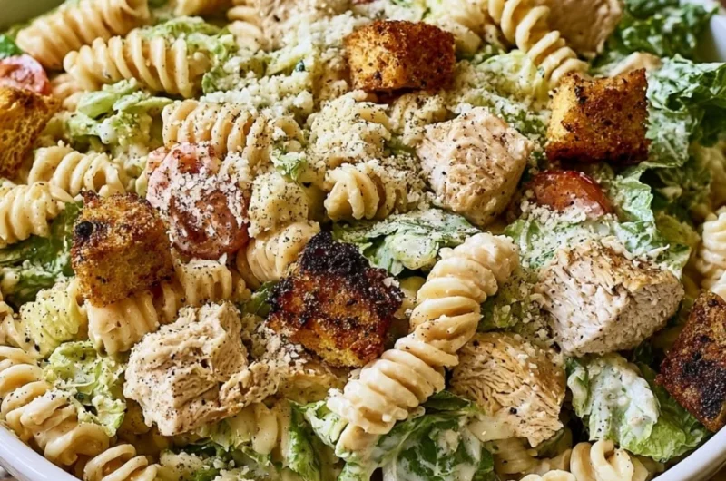 Bowl of Easy Chicken Caesar Pasta Salad with fresh ingredients and dressing