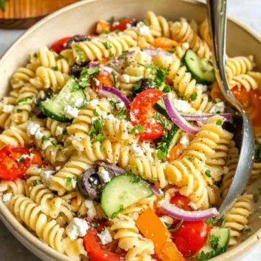 Bowl of colorful easy pasta salad with vegetables and dressing