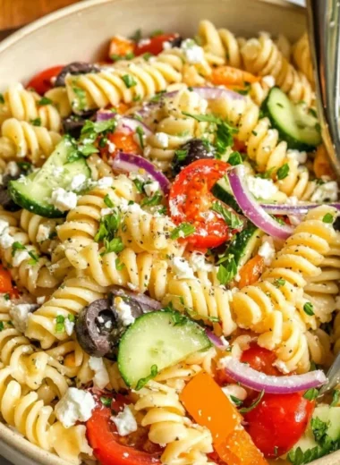 Bowl of colorful easy pasta salad with vegetables and dressing