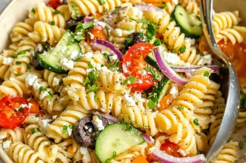 Bowl of colorful easy pasta salad with vegetables and dressing