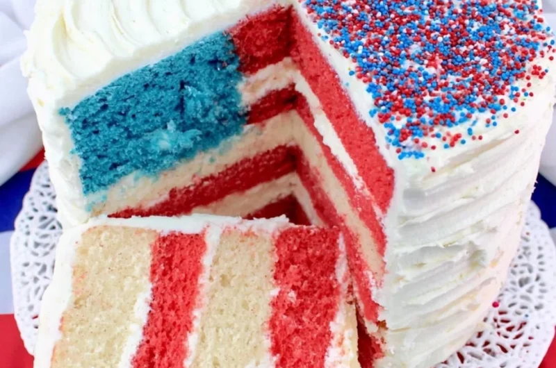 Delicious Flag Cake decorated with red, white, and blue layers for patriotic celebrations