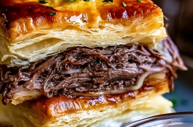 French Dip Squares served on a plate with dipping sauce