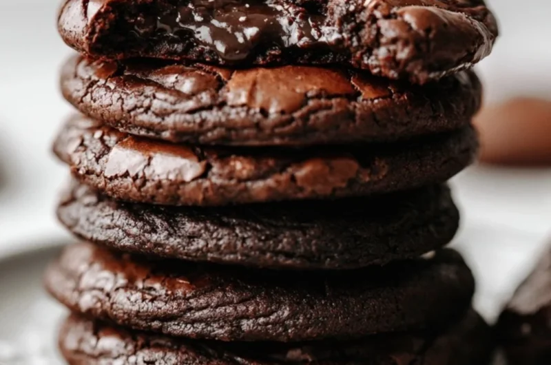 Fudgy brownie cookies with chocolate chunks on a baking sheet.
