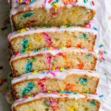 A beautifully baked Funfetti Pound Cake topped with colorful sprinkles.