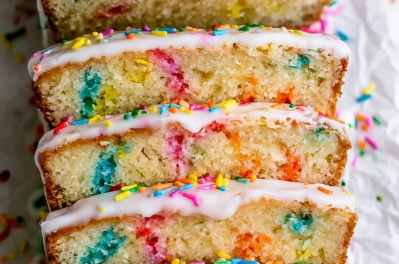 A beautifully baked Funfetti Pound Cake topped with colorful sprinkles.