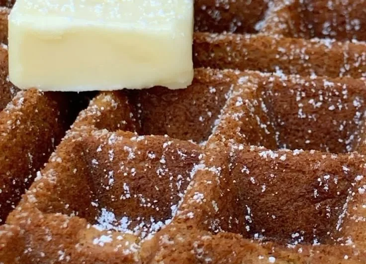 Fluffy gingerbread waffles topped with whipped cream and spices.