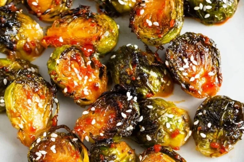Bowl of Gochujang Roasted Brussels Sprouts with spicy seasoning