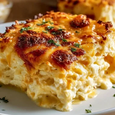 Delicious Grandma's Hash Brown Casserole topped with cheese and golden brown edges