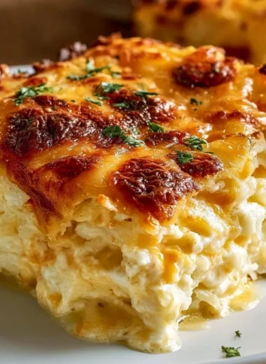 Delicious Grandma's Hash Brown Casserole topped with cheese and golden brown edges