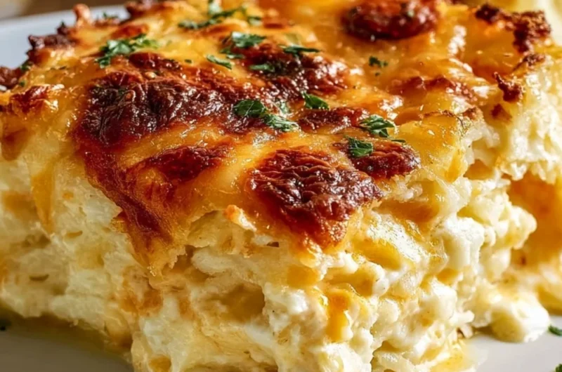 Delicious Grandma's Hash Brown Casserole topped with cheese and golden brown edges