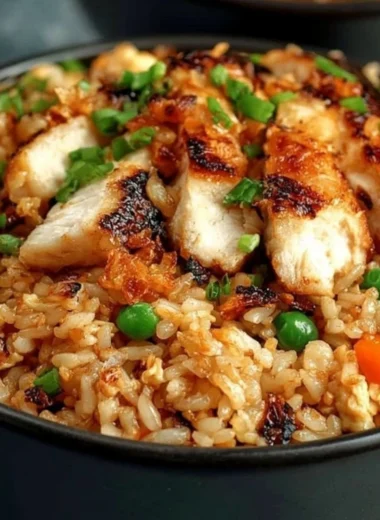 High protein crispy garlic chicken fried rice with colorful veggies