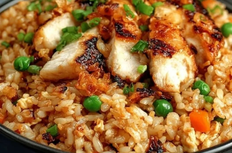 High protein crispy garlic chicken fried rice with colorful veggies