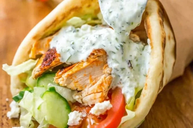 Delicious homemade chicken gyro served with fresh vegetables and tzatziki sauce.