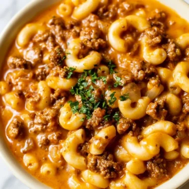 Bowl of homemade Hamburger Helper with ground beef and pasta dish