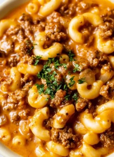 Bowl of homemade Hamburger Helper with ground beef and pasta dish