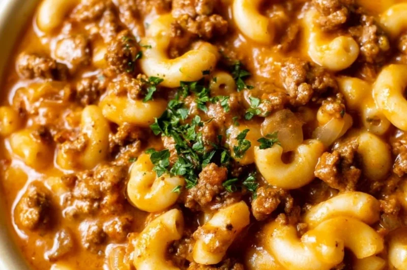 Bowl of homemade Hamburger Helper with ground beef and pasta dish