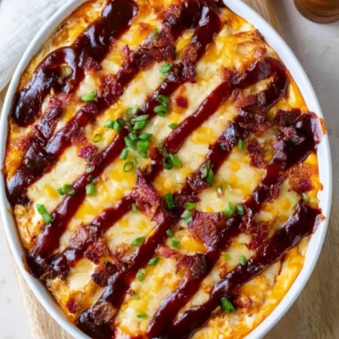 Delicious Keto BBQ Chicken Casserole topped with cheese and BBQ sauce