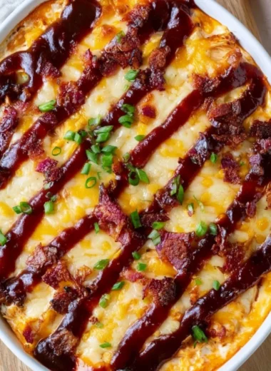 Delicious Keto BBQ Chicken Casserole topped with cheese and BBQ sauce