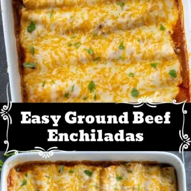 Plate of meaty enchiladas topped with cheese and drizzled with sauce