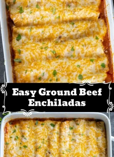 Plate of meaty enchiladas topped with cheese and drizzled with sauce