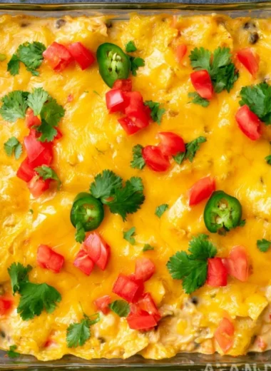 Delicious Mexican Chicken Casserole topped with cheese and peppers