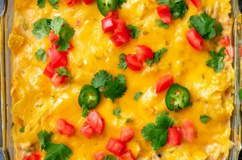 Delicious Mexican Chicken Casserole topped with cheese and peppers