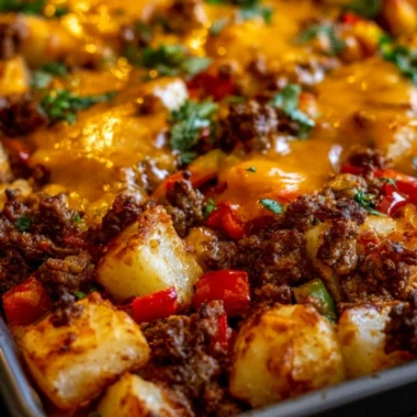Delicious hamburger casserole topped with red peppers and potatoes