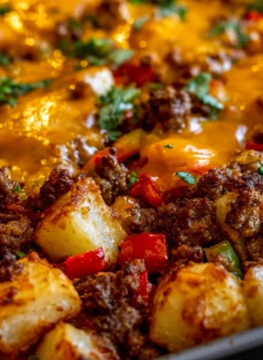 Delicious hamburger casserole topped with red peppers and potatoes