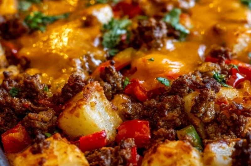 Delicious hamburger casserole topped with red peppers and potatoes