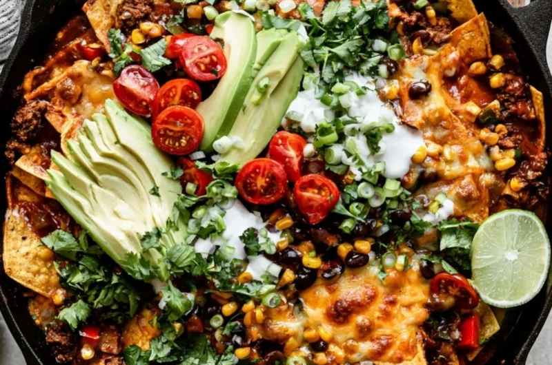 One-Pan Beef Enchilada Skillet featuring savory beef and cheesy toppings