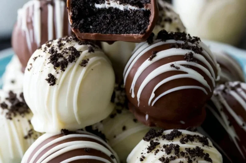 Homemade Oreo Truffles dipped in chocolate and decorated with Oreo crumbs