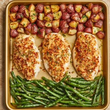 Parmesan Crusted Chicken on a sheet pan with vegetables and herbs