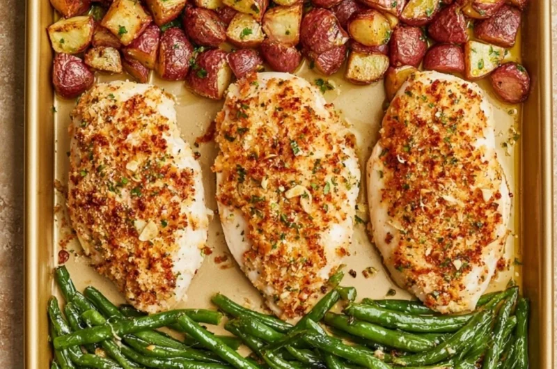 Parmesan Crusted Chicken on a sheet pan with vegetables and herbs