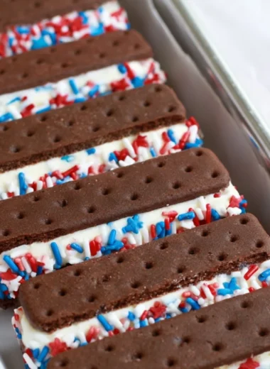 Patriotic mini ice cream sandwiches with red, white, and blue colors